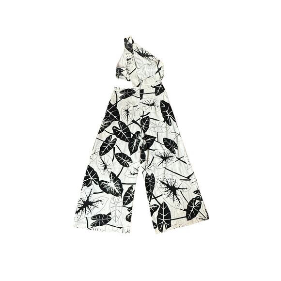 Farm Rio Graphic Leaves One Shoulder Linen-Blend Jumpsuit  Size M Cutout Waist - Picture 9 of 12